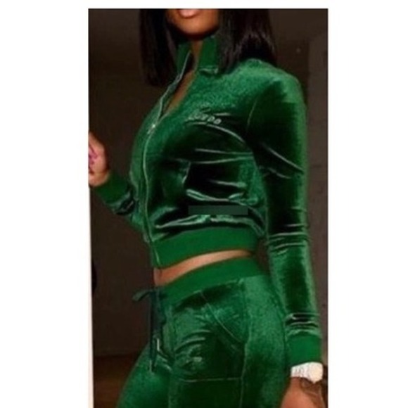 Suwoo Pants - Suwoo Emerald Green Velvet Tracksuit Set Zip Up Jacket Wide Leg Pants Small